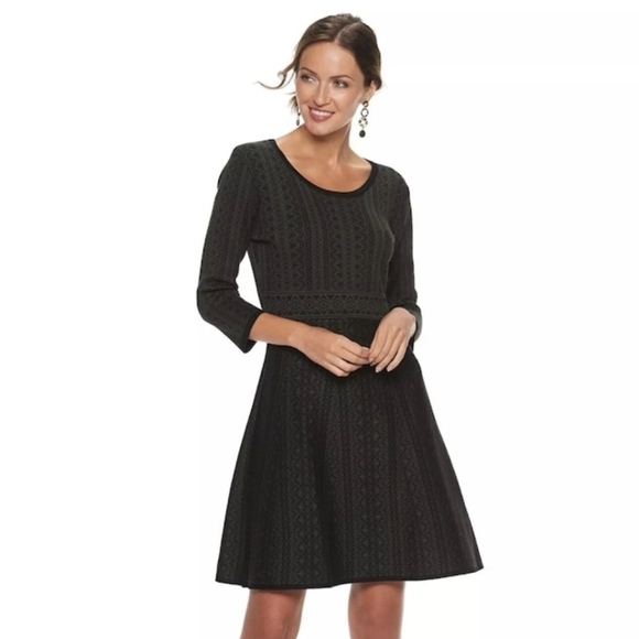 Nina Leonard Dresses & Skirts - Nina Leonard Black/Olive Geometric Scoop Neck Fit & Flare Sweater Dress 1X